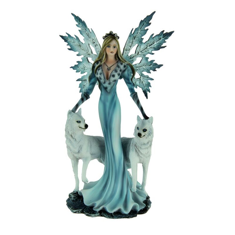 Blue Ice Fairy Standing With Winter White Wolves Statue